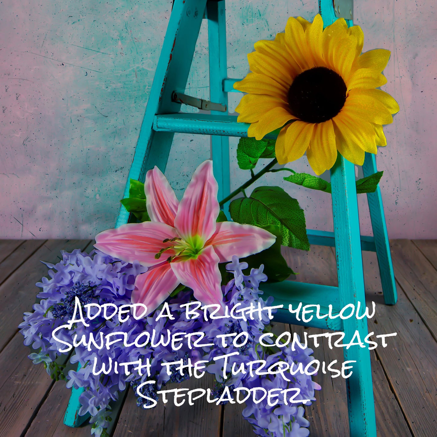 Colorful Flowers on Turquoise Ladder Wall Art