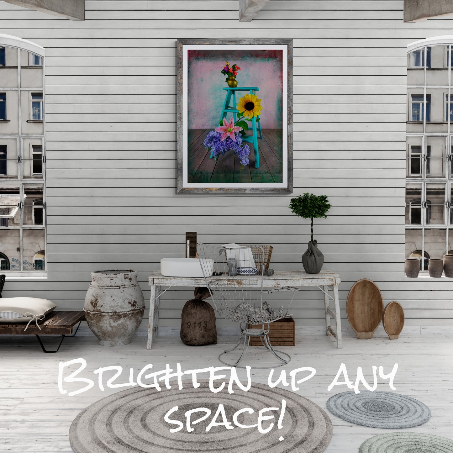 Colorful Flowers on Turquoise Ladder Wall Art
