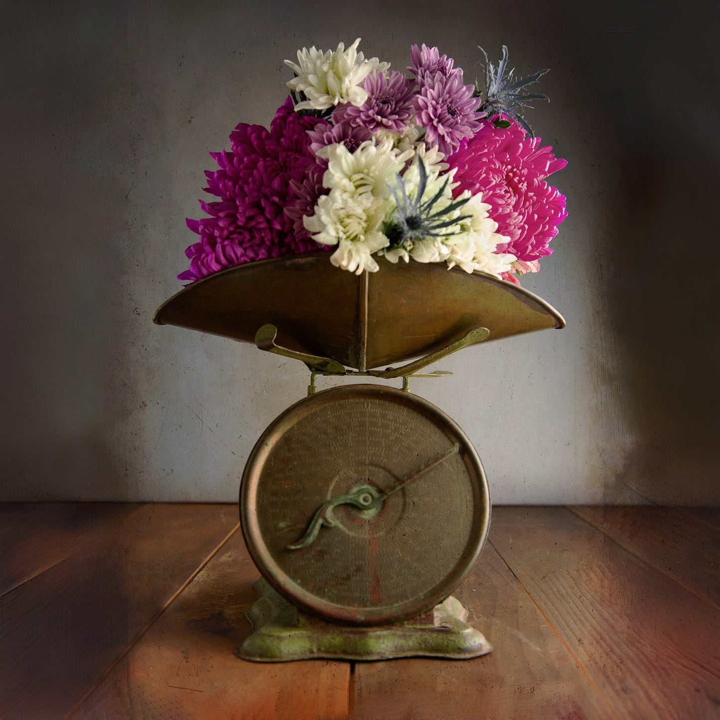 " A Pound of Petals." Vintage Brass Scale with Flowers Still Life Print.