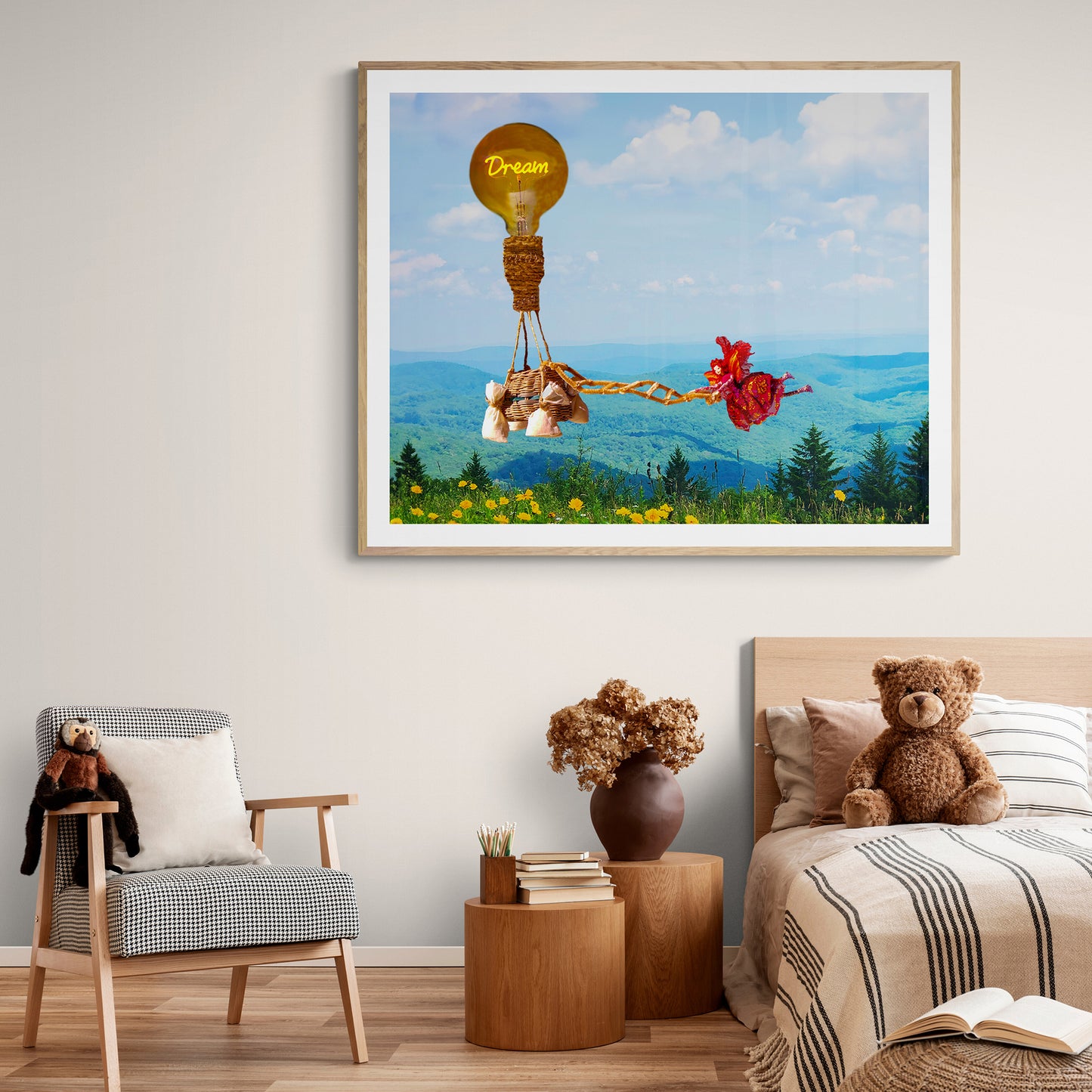 "Dream." Enchanting Fairy and Hot Air Balloon Photo Art Print for Child's Room.