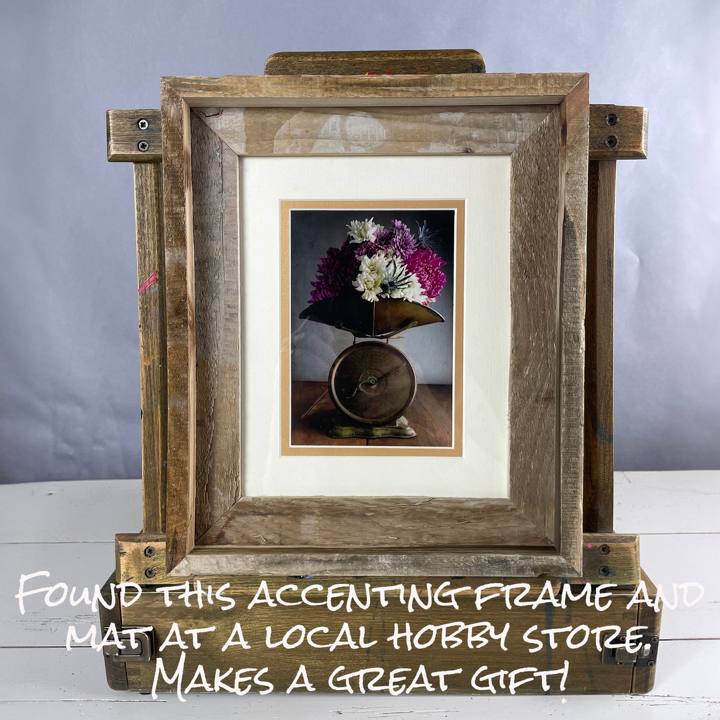 " A Pound of Petals." Vintage Brass Scale with Flowers Still Life Print.