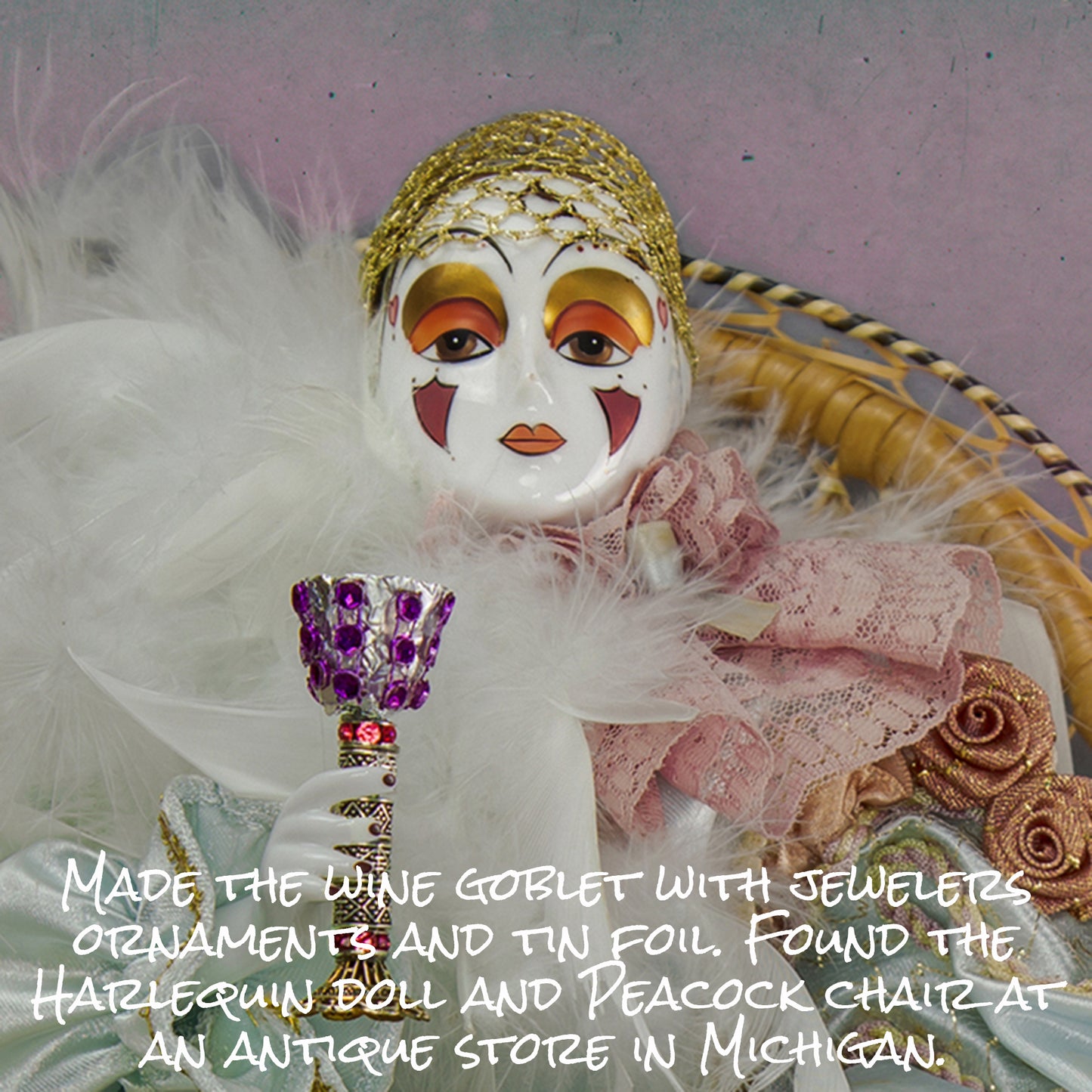 "Harlequin at Mardi Gras." Mardi Gras Harlequin Doll Sitting in a Peacock Chair Wall Art Print.