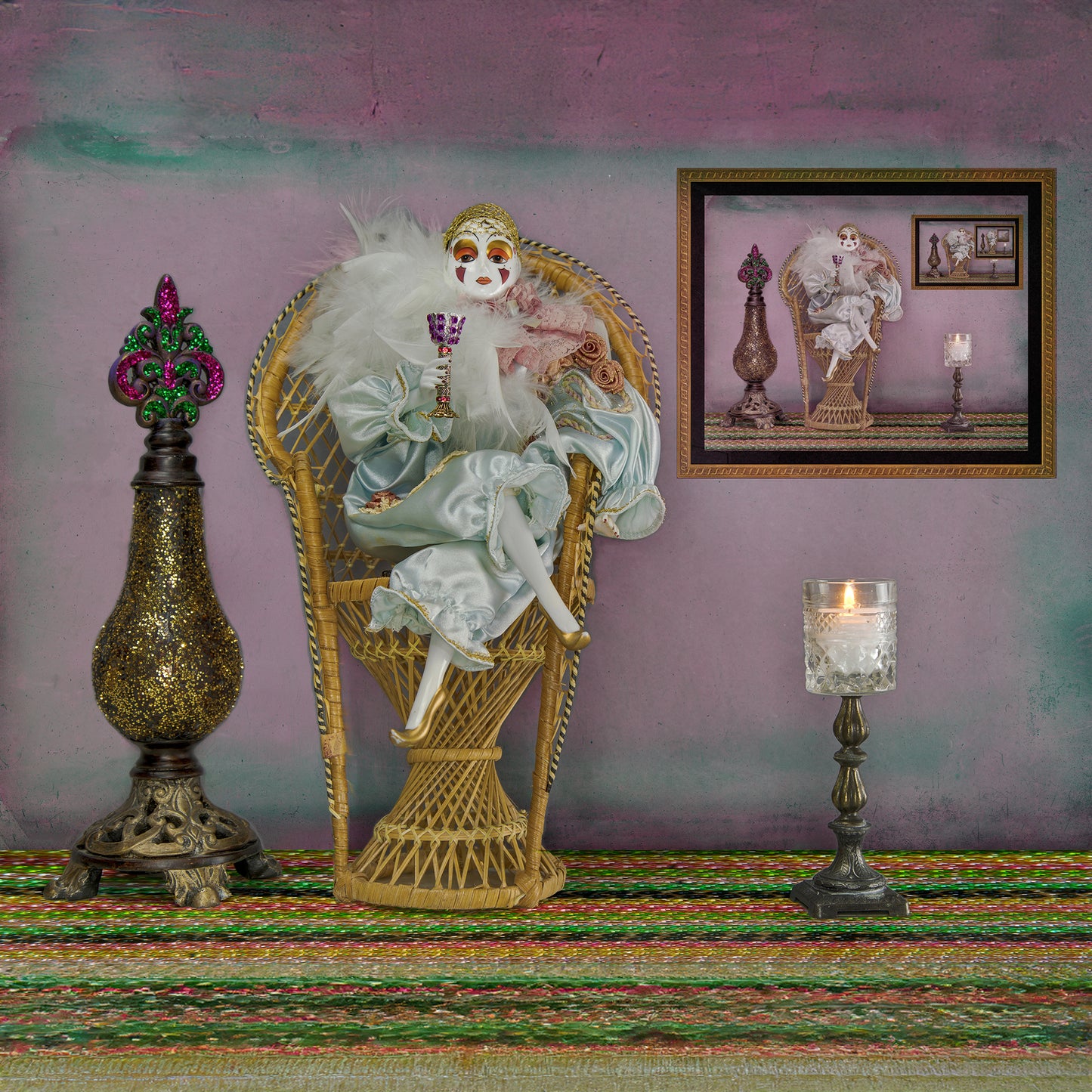 "Harlequin at Mardi Gras." Mardi Gras Harlequin Doll Sitting in a Peacock Chair Wall Art Print.