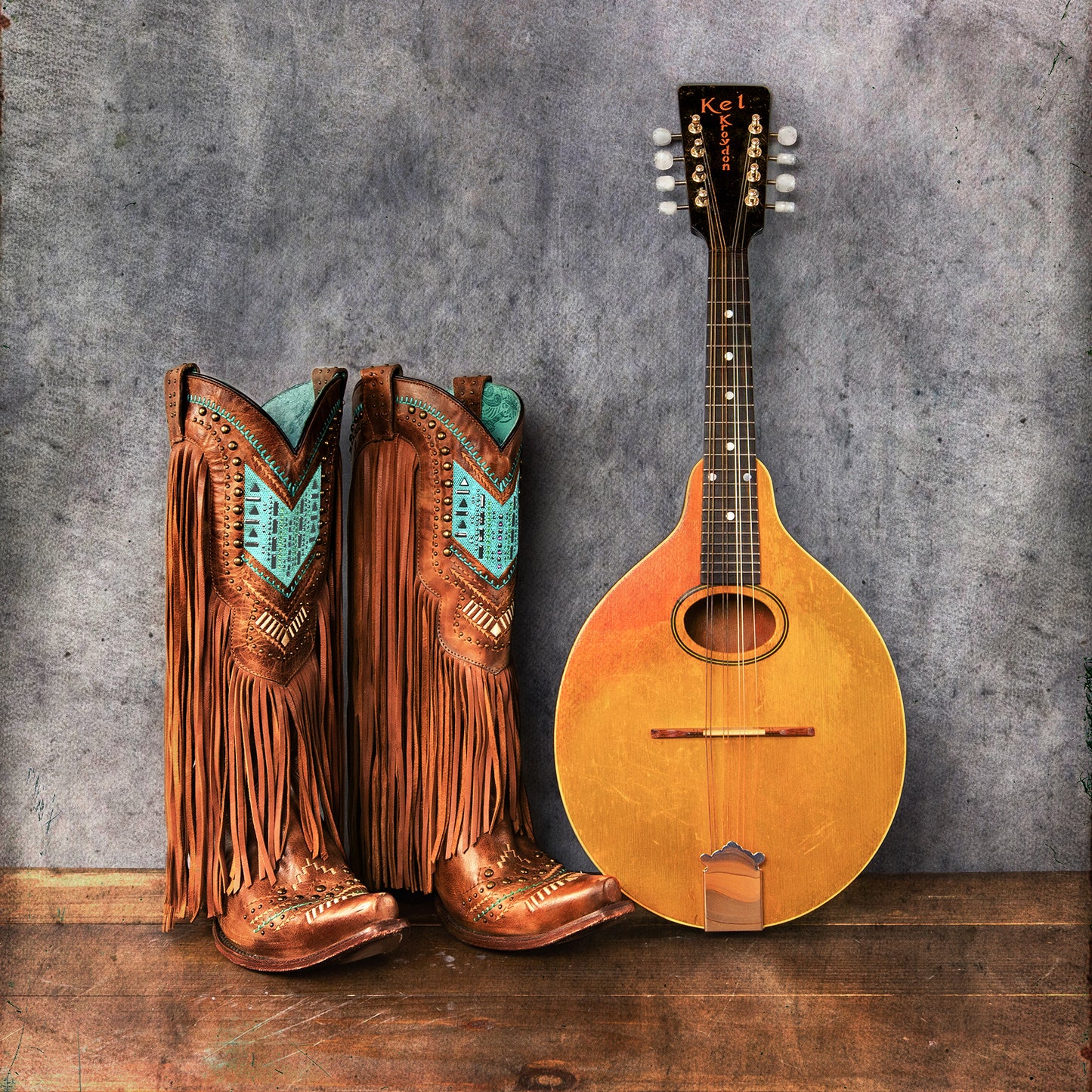 "Cowgirl Boots and her WoMandolin." Vintage Mandolin and Cowgirl Boots Wall Art Print.