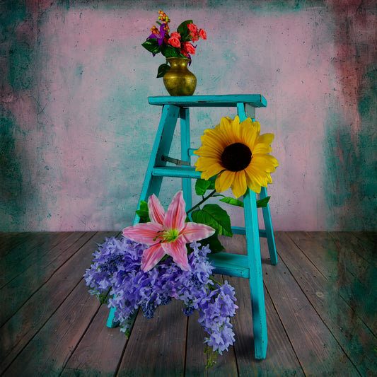 Colorful Flowers on Turquoise Ladder Wall Art