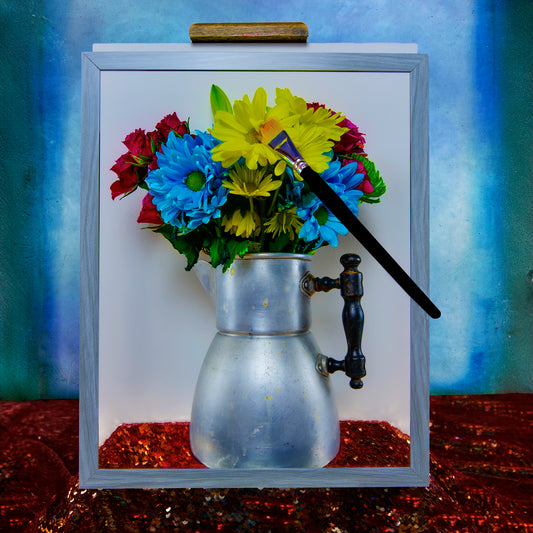 Wall Art with Colorful Flowers in a Vintage Coffee Pot